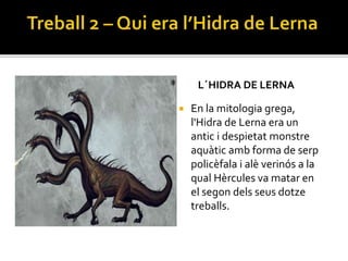 L´HIDRA DE LERNA
 En la mitologia grega,
l'Hidra de Lerna era un
antic i despietat monstre
aquàtic amb forma de serp
policèfala i alè verinós a la
qual Hèrcules va matar en
el segon dels seus dotze
treballs.
 