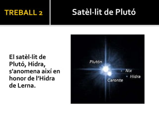 TREBALL 2
El satèl·lit de
Plutó, Hidra,
s'anomena així en
honor de l’Hidra
de Lerna.
Satèl·lit de Plutó
 