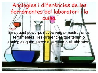 Analogies  i diferències de les ferramentes  del laboratori  i la cuina . En aquest powerpoint  vos vaig  a mostrar unes ferramentes  i les diferències que tenen  o analogies quan estem  a la cuina  o al laboratori . 