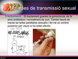 Malalties de transmissió sexual
Tractament: El tractament guareix la gonocòccia, es fa
  amb antibiòtics i normalment és curt. També haurà de
  tractar-se la/les parella/es sexual/s i fer-ne un control
  posterior per veure si ha estat efectiu.
 
