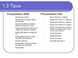 1.3 Tipus Processadors AMD Slot A Duron, Athlon Socket A Duron, Athlon, Athlon XP, Sempron Socket 754 Athlon 64, Mobile Athlon 64, Sempron, Turion Socket 939 Athlon 64, Athlon FX , Athlon X2, Sempron, Opteron Socket 940 Opteron y Athlon 64 FX Socket AM2 Athlon 64, Athlon FX, Athlon X2, Sempron Socket F Opteron Socket AM2 + Athlon 64, Athlon FX, Athlon X2, Sempron Socket AM3. . Processadors Intel Slot 1: Pentium 3, Celeron Socket 370: Pentium 3, Celeron Socket 423: Pentium 4, Celeron Socket 478: Pentium 4, Celeron Socket 775: Pentium 4, Celeron, Pentium D (doble núcleo), Core 2 Duo, Core 2 Quad Socket 603 Xeon Socket 604 Xeon Socket 771 Xeon LGA1366 Intel Core i7 