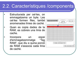 2.2. Característiques /components Estructurada per cel·les, on emmagatzema un byte. Les cel·les formen files, també anomenades línies de caché. Quan es copia dades de la RAM, es cobreix una línia de cache. Incorpora un espai d'emmagatzemmatge “Tag RAM”, que diu a quina porció de RAM s'associa cada línia de caché. 