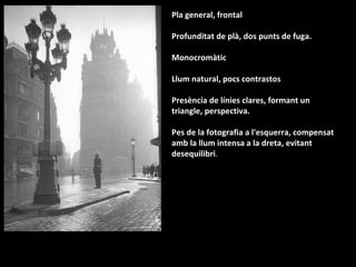 Pla general, frontal Profunditat de plà, dos punts de fuga. Monocromàtic Llum natural, pocs contrastos Presència de línies clares, formant un triangle, perspectiva. Pes de la fotografia a l'esquerra, compensat amb la llum intensa a la dreta, evitant desequilibri . 
