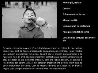 Primer plà, frontal Centrat Enfocament sel.lectiu Monocromàtic Llum natural, no molt dura Poca profunditat de camp Detall en les textures del primer plà Es tracta, com podem veure, d'un retrat d'un nen amb un colom. És per tant un primer pla, amb la figura protagonista completament centrada, i que mostra un claríssim enfocament sel.lectiu, donant així el màxim protagonisme a la figura del nen. És amb aquest enfocament sel.lectiu que podem apreciar un alt grau de detall en els elements enfocats, com ara l'abric del nen, els cabells o les plomes del colom. Així, al no apreciar practicament el fons, diem que té poca profunditat de camp. Com la majoria d'obres de l'autor, és en blanc i negre, cosa que potencia en certa manera les textures o detalls. 