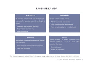 FASES DE LA VIDA
                                 INTRODUCCIÓ                                                               CREIXEMENT
           Els productes són concebuts i desenvolupats pels                         Neixen i s’introdueixen al mercat.
           innovadors fins que estan a punt de ser llançats al                      • Ràpid increment de la demanda
           mercat.
                                                                                    • Creix la importància de la confiabilitat
           •   No existeix una tecnologia estàndard                                 • Nova competència (també en la distribució)
           •   Freqüents canvis de disseny
           •   Poca competència
           •   Pocs compradors, però especialitzats
                                   MADURESA                                                                DECLIVI
           Maduren fins que els mercats esdevenen saturats i                        Arriben al declivi i es moren, a mesura que la
           més competitius.                                                         demanda disminueix i que es creen altres
                                                                                    productes alternatius.
           • Consumidors en massa continuen comprant
                                                                                    • Guerres de preus
           • Preus molt competitius
                                                                                    • Sortida de competidors


Font: Elaboració pròpia a partir de GRANT, Robert M. Contemporany strategy analysis (5ª ed.), p. 307. Malden: Blackwell, 2008. ISBN-10: 1405119993

                                                                                                    Laura Niubó. TÈCNIQUES DE GESTIÓ DE L'EMPRESA 6
 