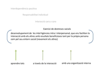 Interdependència positivaResponsabilitat individualInteracció cara a caraExercici de destreses socialsdesenvolupament de  les intel·ligències intra i interpersonal, que ens faciliten la interacció amb els altres amb resultats beneficiosos tant per la pròpia persona com pel seu entorn social (novament els altres)amb una organització internaaprendre totsa través de la interacció