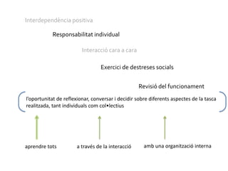 Interdependència positivaResponsabilitat individualInteracció cara a caraExercici de destreses socialsRevisió del funcionamentl’oportunitat de reflexionar, conversar i decidir sobre diferents aspectes de la tasca realitzada, tant individuals com col•lectiusamb una organització internaaprendre totsa través de la interacció