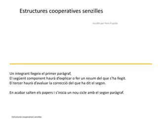 Estructures cooperatives senzillesLectura compartida.recollit per Pere PujolàsUn integrant llegeix el primer paràgraf, El següent component haurà d’explicar o fer un resum del que s’ha llegit. El tercer haurà d’avaluar la correcció del que ha dit el segon. En acabar salten els papers i s’inicia un nou cicle amb el segon paràgraf.Estructures cooperatives senzilles