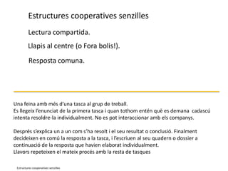 Estructures cooperatives senzillesLectura compartida.Llapis al centre (o Fora bolis!).Resposta comuna.Una feina amb més d’una tasca al grup de treball. Es llegeix l’enunciat de la primera tasca i quan tothom entén què es demana  cadascú intenta resoldre-la individualment. No es pot interaccionar amb els companys. Després s’explica un a un com s’ha resolt i el seu resultat o conclusió. Finalment decideixen en comú la resposta a la tasca, i l’escriuen al seu quadern o dossier a continuació de la resposta que havien elaborat individualment. Llavors repeteixen el mateix procés amb la resta de tasquesEstructures cooperatives senzilles