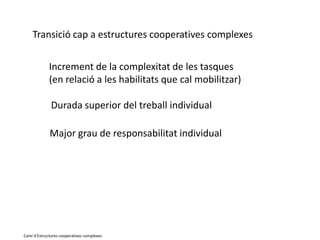 Transició cap a estructures cooperatives complexesIncrement de la complexitat de les tasques (en relació a les habilitats que cal mobilitzar)Durada superior del treball individualMajor grau de responsabilitat individualCamí d’Estructures cooperatives complexes