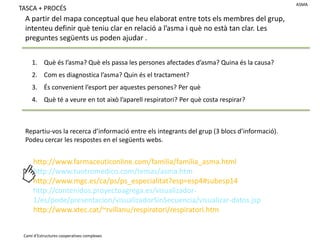 ASMATASCA + PROCÉSA partir del mapa conceptual que heu elaborat entre tots els membres del grup, intenteu definir què teniu clar en relació a l’asma i què no està tan clar. Les preguntes següents us poden ajudar .Què és l’asma? Què els passa les persones afectades d’asma? Quina és la causa?Com es diagnostica l’asma? Quin és el tractament?És convenient l’esport per aquestes persones? Per quèQuè té a veure en tot això l’aparell respiratori? Per què costa respirar?Repartiu-vos la recerca d’informació entre els integrants del grup (3 blocs d’informació).Podeu cercar les respostes en el següents webs.http://www.farmaceuticonline.com/familia/familia_asma.htmlhttp://www.tuotromedico.com/temas/asma.htm http://www.mgc.es/ca/ps/ps_especialitat?esp=esp4#subesp14http://contenidos.proyectoagrega.es/visualizador-1/es/pode/presentacion/visualizadorSinSecuencia/visualizar-datos.jsphttp://www.xtec.cat/~rvillanu/respiratori/respiratori.htmCamí d’Estructures cooperatives complexes