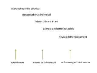 Interdependència positivaResponsabilitat individualInteracció cara a caraExercici de destreses socialsRevisió del funcionamentamb una organització internaaprendre totsa través de la interacció