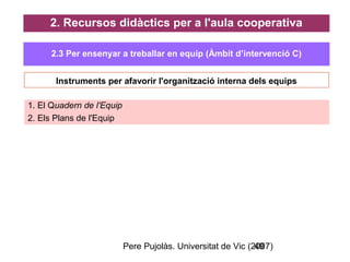 Pere Pujolàs. Universitat de Vic (2007)49
2.3 Per ensenyar a treballar en equip (Àmbit d’intervenció C)
1. El Quadern de l'Equip
2. Els Plans de l'Equip
Instruments per afavorir l'organització interna dels equips
2. Recursos didàctics per a l'aula cooperativa
 