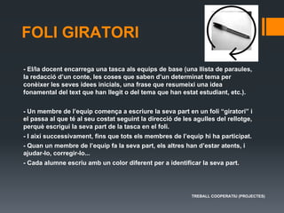 FOLI GIRATORI
- El/la docent encarrega una tasca als equips de base (una llista de paraules,
la redacció d’un conte, les coses que saben d’un determinat tema per
conèixer les seves idees inicials, una frase que resumeixi una idea
fonamental del text que han llegit o del tema que han estat estudiant, etc.).
- Un membre de l’equip comença a escriure la seva part en un foli “giratori” i
el passa al que té al seu costat seguint la direcció de les agulles del rellotge,
perquè escrigui la seva part de la tasca en el foli.
- I així successivament, fins que tots els membres de l’equip hi ha participat.
- Quan un membre de l’equip fa la seva part, els altres han d’estar atents, i
ajudar-lo, corregir-lo...
- Cada alumne escriu amb un color diferent per a identificar la seva part.
TREBALL COOPERATIU (PROJECTES)
 