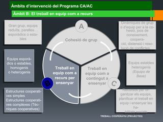 C
Treball en
equip com a
contingut a
ensenyar
B
Treball en
equip com a
recurs per
ensenyar
A
Cohesió de grup
Gran grup, equips
reduïts, parelles…
esporàdics o esta-
bles
Dinàmiques de grup
o d’equip per a la co-
hesió, jocs de
coneixement,
coopera-
ció, distensió i reso-
lució de conflictes…
Equips esporà-
dics o estables,
homogenis
o heterogenis
Estructures cooperati-
ves simples
Estructures cooperati-
ves complexes (Tèc-
niques cooperatives)
Equips estables
heterogenis
(Equips de
Base)
Recursos per or-
ganitzar els equips,
planificar el treball en
equip i ensenyar les
ha-
bilitats socials
Àmbits d’intervenció del Programa CA/AC
Àmbit B: El treball en equip com a recurs
TREBALL COOPERATIU (PROJECTES)
 