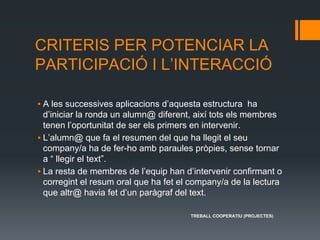 CRITERIS PER POTENCIAR LA
PARTICIPACIÓ I L’INTERACCIÓ
▪ A les successives aplicacions d’aquesta estructura ha
d’iniciar la ronda un alumn@ diferent, així tots els membres
tenen l’oportunitat de ser els primers en intervenir.
▪ L’alumn@ que fa el resumen del que ha llegit el seu
company/a ha de fer-ho amb paraules pròpies, sense tornar
a “ llegir el text”.
▪ La resta de membres de l’equip han d’intervenir confirmant o
corregint el resum oral que ha fet el company/a de la lectura
que altr@ havia fet d’un paràgraf del text.
TREBALL COOPERATIU (PROJECTES)
 