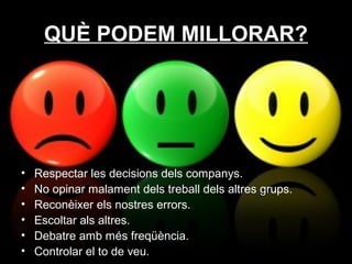 QUÈ PODEM MILLORAR?QUÈ PODEM MILLORAR?
• Respectar les decisions dels companys.
• No opinar malament dels treball dels altres grups.
• Reconèixer els nostres errors.
• Escoltar als altres.
• Debatre amb més freqüència.
• Controlar el to de veu.
 