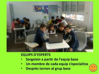 EQUIPS D’ESPERTS
• Sorgeixin a partir de l'equip base
• Un membre de cada equip s’epecialitza
• Desprès tornen al grup base
 