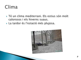  Té un clima mediterrani. Els estius són molt
calorosos i els hiverns suaus.
 La tardor és l’estació més plujosa.
P
 