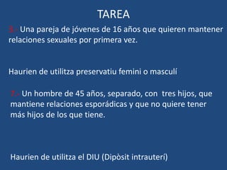 TAREA
3.- Una pareja de jóvenes de 16 años que quieren mantener
relaciones sexuales por primera vez.


Haurien de utilitza preservatiu femini o masculí

7.- Un hombre de 45 años, separado, con tres hijos, que
mantiene relaciones esporádicas y que no quiere tener
más hijos de los que tiene.



Haurien de utilitza el DIU (Dipòsit intrauterí)
 