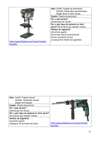 19
http://www.slideshare.net/tecno2/treball-
de-eines
Nom: Català: Trepant de sobretaula
Castellà: Taladradora de sobremesa
Anglés: Bore of after dinner
Familia: Familia de peforació
Per a qué serveix?
Serveix per fer forats
Per a quin tipus de material es farà
servir? Es fa servir per metalls i fustes
Normes de seguretat:
Cal utilizar guants
Cal utilizar ulleres de protección
No fer moviments bruscs
Les peçes han d’estar ben agafades
Nom: Català: Trepant manual
Castella: Taladrador manual
Anglés: Drill manual
http://www.slideshare.net/tecno2/treball-
de-eines
Familia: Familia de perforar
Per a qué serveix?
Serveix per fer forats
Per a quin tipus de material es farà servir?
Es fa servir per matalls i fustes
Normes de seguretat:
Cal portar guants
Assegurar-se de l’estat del cable
 