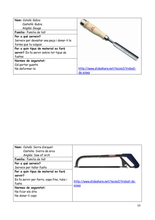 10
Nom: Català: Gúbia
Castellà: Gubia
Anglés: Gouge
http://www.slideshare.net/tecno2/treball-
de-eines
Familia: Familia de tall
Per a qué serveix?
Serveix per devastar una peça i donar-li la
forma que tu vulguis
Per a quin tipus de material es farà
servir? Es fa servir sobre tot tipus de
fustes
Normes de seguretat:
Cal portar guants
No deformar-la
Nom: Català: Serra d’arquet
Castella: Sierra de arco
Anglés: Saw of arch
http://www.slideshare.net/tecno2/treball-de-
eines
Familia: Familia de tall
Per a qué serveix?
Serveix per tallar fusta
Per a quin tipus de material es farà
servir?
Es fa servir per ferro, xapa fina, tubs i
fusta
Normes de seguretat:
No ficar els dits
No donar-li cops
 