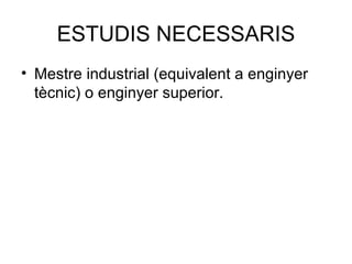 ESTUDIS NECESSARIS Mestre industrial (equivalent a enginyer tècnic) o enginyer superior. 