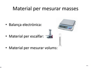 Material per mesurar masses

• Balança electrònica:

• Material per escalfar:

• Material per mesurar volums:
 