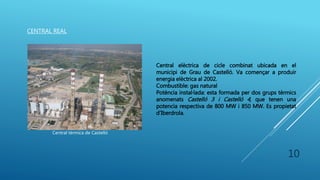 CENTRAL REAL
Central tèrmica de Castelló
Central elèctrica de cicle combinat ubicada en el
municipi de Grau de Castelló. Va començar a produir
energia elèctrica al 2002.
Combustible: gas natural
Potència instal·lada: esta formada per dos grups tèrmics
anomenats Castelló 3 i Castelló 4, que tenen una
potencia respectiva de 800 MW i 850 MW. Es propietat
d’Iberdrola.
10
 