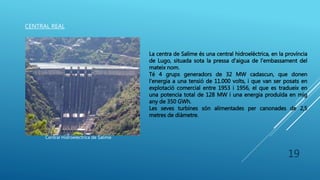 CENTRAL REAL
Central Hidroelèctrica de Salime
La centra de Salime és una central hidroelèctrica, en la província
de Lugo, situada sota la pressa d’aigua de l’embassament del
mateix nom.
Té 4 grups generadors de 32 MW cadascun, que donen
l'energia a una tensió de 11.000 volts, i que van ser posats en
explotació comercial entre 1953 i 1956, el que es tradueix en
una potencia total de 128 MW i una energia produïda en mig
any de 350 GWh.
Les seves turbines són alimentades per canonades de 2,5
metres de diàmetre.
19
 