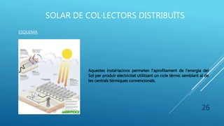 SOLAR DE COL·LECTORS DISTRIBUÏTS
ESQUEMA
Aquestes instal·lacions permeten l'aprofitament de l'energia del
Sol per produir electricitat utilitzant un cicle tèrmic semblant al de
les centrals tèrmiques convencionals.
26
 