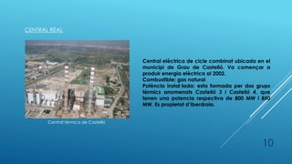 CENTRAL REAL
Central tèrmica de Castelló
Central elèctrica de cicle combinat ubicada en el
municipi de Grau de Castelló. Va començar a
produir energia elèctrica al 2002.
Combustible: gas natural
Potència instal·lada: esta formada per dos grups
tèrmics anomenats Castelló 3 i Castelló 4, que
tenen una potencia respectiva de 800 MW i 850
MW. Es propietat d’Iberdrola.
10
 
