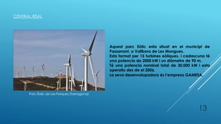 CENTRAL REAL
Parc Èolic de Les Forques (Tarrragona)
Aquest parc Eòlic esta situat en el municipi de
Passanant, a Vallbora de Les Mongues.
Esta format per 15 turbines eòliques, i cadascuna té
una potencia de 2000 kW i un diàmetre de 90 m.
Té una potencia nominal total de 30.000 kW i esta
operatiu des de el 2006.
La seva desenvolupadora és l’empresa GAMESA.
13
 