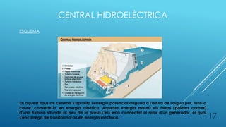 CENTRAL HIDROELÈCTRICA
ESQUEMA
En aquest tipus de centrals s'aprofita l'energia potencial deguda a l'altura de l'aigua per, fent-la
caure, convertir-la en energia cinètica. Aquesta energia mourà els àleps (paletes corbes)
d'una turbina situada al peu de la presa.L'eix està connectat al rotor d'un generador, el qual
s'encarrega de transformar-la en energia elèctrica. 17
 