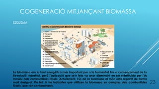 COGENERACIÓ MITJANÇANT BIOMASSA
ESQUEMA
La biomassa era la font energètica més important per a la humanitat fins a començament de la
Revolució Industrial, però l'aplicació que se'n feia va anar disminuint en ser substituïda per l'ús
massiu dels combustibles fòssils. Actualment, l'ús de la biomassa al món està repartit de forma
molt desigual. De fet, hi ha indústries que utilitzen la biomassa en comptes dels combustibles
fòssils, que són contaminants.
23
 