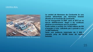 CENTRAL REAL
Central de Biomassa en Corduente (Guadalajara)
La central de Biomassa de Corduente és una
central alimentada per biomassa forestal
situada en el municipi de Corduente.
Va ser inaugurada al 2009, però al 2012 es va
tancar definitivament, degut a les continues
pèrdues econòmiques que es produïen.
Podia arribar a produir uns 14.063 milions de KW
d’energia a l’any, suficients per a proveir a uns
14.000 habitants.
Tenia una potència instal·lada de 2 MW i
requeria prop de 20.000 tones de residus
forestals.
25
 