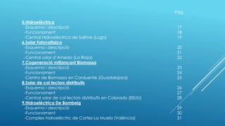 Pàg.
5.Hidroelèctrica
-Esquema i descripció 17
-Funcionament 18
-Central Hidroelèctrica de Salime (Lugo) 19
6.Solar Fotovoltaica
-Esquema i descripció 20
-Funcionament 21
-Central solar d’Arnedo (La Rioja) 22
7.Cogeneració mitjançant Biomassa
-Esquema i descripció 23
-Funcionament 24
-Centra de Biomassa en Corduente (Guadalajara) 25
8.Solar de col·lectors distribuïts
-Esquema i descripció 26
-Funcionament 27
-Central solar de col·lectors distribuïts en Colorado (EEUU) 28
9.Hidroelèctrica De Bombeig
-Esquema i descripció 29
-Funcionament 30
-Complex hidroelèctric de Cortes-La Muela (València) 31
 