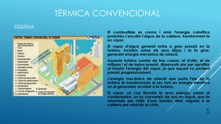 TÈRMICA CONVENCIONAL
El combustible es crema i amb l'energia calorífica
produïda s’escalfa l’aigua de la caldera, transformant-la
en vapor.
El vapor d'aigua generat entra a gran pressió en la
turbina, incideix sobre els seus àleps i la fa girar,
generant energia mecànica de rotació.
Aquesta turbina consta de tres cossos: el d'alta, el de
mitjana i el de baixa pressió, dissenyats així per aprofitar
al màxim l'energia del vapor, ja que aquest va perdent
pressió progressivament.
L'energia mecànica de rotació que porta l'eix de la
turbina és transformada al seu torn en energia elèctrica
en el generador acoblat a la turbina.
El vapor, un cop lliurada la seva energia, passa al
condensador, on es converteix de nou en aigua, que és
retornada per mitjà d'una bomba altra vegada a la
caldera per reiniciar el cicle.
ESQUEMA
5
 