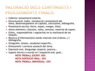  Coberta i presentació externa.
 Estructuració: índex, introducció i presentació del
tema, desenvolupament en capítols, conclusions, bibliografia.
 Presentació escrita: lletra, espais, marges, títols.
 Altres elements: citacions, notes, annexos, material de suport.
 Esforç, responsabilitat i regularitat en la realització de les
tasques.
 Recerca d’informació(no només internet sinó d’altres…) i
bibliografia.
 Ortografia, sintaxi, vocabulari específic…
 Enfocament i correcta acotació del tema.
 Expressió oral, llenguatge corporal, postura…
 Suports tècnics o murals en l’exposició oral, guió…
NOTA TREBALL ESCRIT: 50%
NOTA EXPOSICIÓ ORAL: 25%
NOTA TREBALL INDIVIDUAL: 25%
 