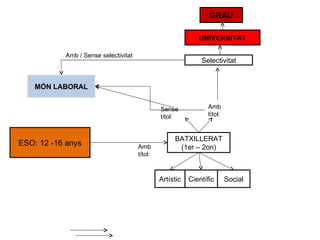ESO: 12 -16 anys Amb títol: BATXILLERAT (1er – 2on) Artístic MÓN LABORAL Selectivitat UNIVERSITAT GRAU Amb títol: Sense títol: Científic Social Amb / Sense selectivitat 