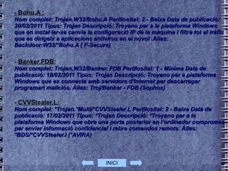 - Bohu.A : Nom complet: Trojan.W32/Bohu.A Perillositat: 2 - Baixa Data de publicació: 20/02/2011 Tipus: Trojan Descripció: Troyano per a la plataforma Windows que en instal·lar-se canvia la configuració IP de la màquina i filtra tot el tràfic que es dirigeix a aplicacions antivirus en el núvol .Alias: Backdoor:W32/*Bohu.A ( F-Secure) -  Banker.FDB: Nom complet: Trojan.W32/Banker. FDB Perillositat: 1 - Mínima Data de publicació: 18/02/2011 Tipus: Trojan Descripció: Troyano per a plataforma Windows que es connecta amb servidors d'Internet per descarregar programari maliciós. Àlies: Troj/Banker - FDB (Sophos) -   CVVStealer.L: Nom complet: *Trojan.*Multi/*CVVStealer.L Perillositat: 2 - Baixa Data de publicació: 17/02/2011 Tipus: *Trojan Descripció: *Troyano per a la plataforma Windows que obre una porta posterior en l'ordinador compromès per enviar informació confidencial i rebre comandos remots. Àlies: *BDS/*CVVStealer.l (*AVIRA) INICI 
