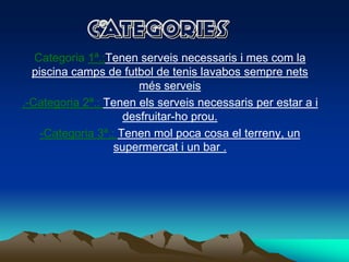 CATEGORIESCategoria1ª.:Tenenserveisnecessarisi mes com la piscina camps de futbol de tenis lavabos semprenetsmésserveis.-Categoria 2ª.: Tenenelsserveisnecessarisper estar a idesfruitar-hoprou.-Categoria 3ª.: Tenen mol poca cosa el terreny, un supermercati un bar .