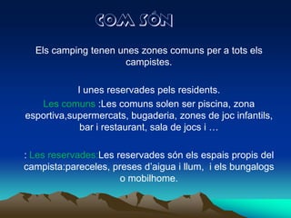 COM SÓNEls camping tenen unes zonescomunsper a totselscampistes.I unes reservadespelsresidents.Les comuns:Les comunssolen ser piscina, zona esportiva,supermercats, bugaderia, zones de jocinfantils, bar irestaurant, sala de jocsi …: Les reservades:Lesreservadessónelsespais propis del campista:pareceles, preses d’aigua i llum,  i elsbungalogs o mobilhome.