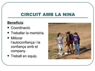 CIRCUIT AMB LA NINA
Beneficis:
 Coordinació.

 Treballar la memòria.

 Millorar
  l’autoconfiança i la
  confiança amb el
  company.
 Treball en equip.
 