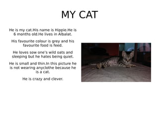 MY CAT
He is my cat.His name is Hippie.He is
6 months old.He lives in Albalat.
His favourite colour is grey and his
favourite food is feed.
He loves sow one’s wild oats and
sleeping but he hates being quiet.
He is small and thin.In this picture he
is not wearing anyclothe because he
is a cat.
He is crazy and clever.
 