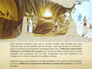 Relación entre el mundo y el
       Mito de la caverna



Como resumen podemos decir que el mundo sensible está formado por cosas
materiales que son perceptibles por los sentidos y por apariencias en movimiento,
copias y imitaciones que dependen ontológicamente y que al Mito de la caverna haría
referencia en el interior de la caverna o al mundo de abajo mientras que el mundo
inteligible está compuesto por las ideas inmateriales que son accesibles a la
inteligencia y se tratan de esencias inmutables y eternas.

A diferencia del mundo sensible, al mundo inteligible no hay copias sino que cada idea
es única y al Mito de la caverna haría referencia al exterior de la caverna o al mundo
de arriba.
 