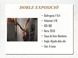 DOBLE EXPOSICIÓ
        ●
            Diafragma: F 6.4
        ●
            Velocitat: 1/8
        ●
            ISO: 100
        ●
            Hora: 20:31
        ●
            Tipus de llum: Bombeta
        ●
            Angle: Alçada dels ulls
        ●
            Lloc: A casa
 