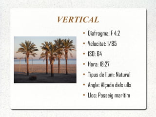VERTICAL
    ●
        Diafragma: F 4.2
    ●
        Velocitat: 1/85
    ●
        ISO: 64
    ●
        Hora: 18:27
    ●
        Tipus de llum: Natural
    ●
        Angle: Alçada dels ulls
    ●
        Lloc: Passeig marítim
 