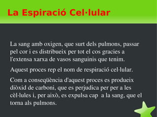    
La Espiració Cel·lular
La sang amb oxigen, que surt dels pulmons, passar 
pel cor i es distribueix per tot el cos gracies a 
l'extensa xarxa de vasos sanguinis que tenim.
Aquest proces rep el nom de respiració cel∙lular.
Com a conseqüència d'aquest proces es produeix 
diòxid de carboni, que es perjudica per per a les 
cèl∙lules i, per això, es expulsa cap  a la sang, que el 
torna als pulmons.  
 