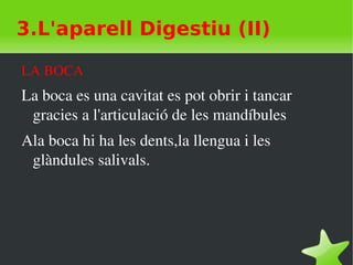    
3.L'aparell Digestiu (II)
LA BOCA
La boca es una cavitat es pot obrir i tancar 
gracies a l'articulació de les mandíbules
Ala boca hi ha les dents,la llengua i les 
glàndules salivals.
 